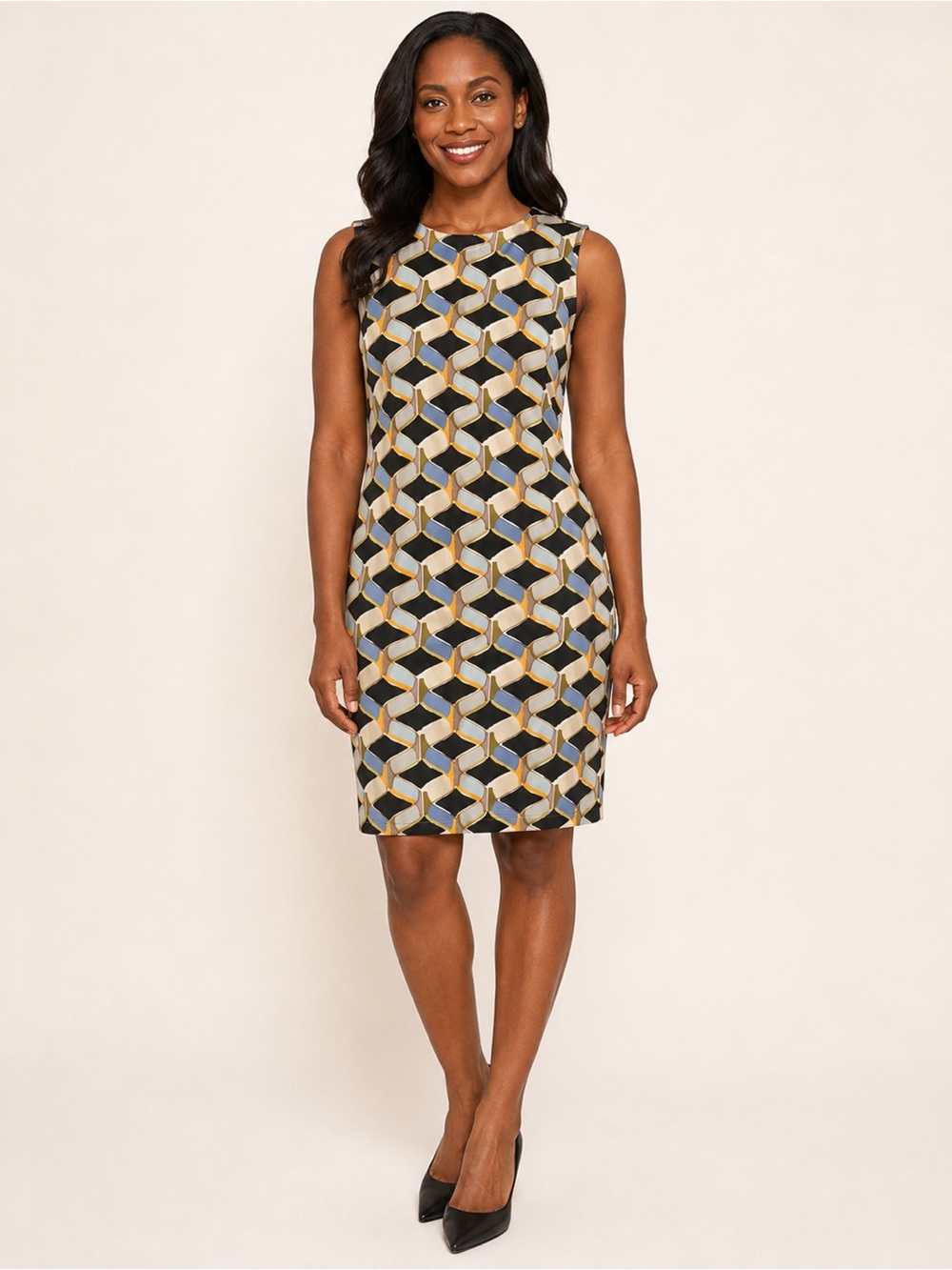 Milly of New York Black, Gold and Gray Geometric Sleeveless Sheath Dress